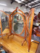 A SATINWOOD TRIPTYCHE MIRROR, A GILT FRAMED MIRROR, A PLATED TRAY AND A COAL BUCKET.