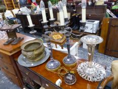 A PAIR OF PLATED CANDELABRA, A SILVER COASTER, ORIENTAL BRASS PLANTER, ETC.