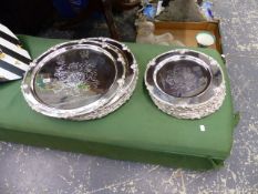 A LARGE COLLECTION OF SILVER PLATED PLATTERS.