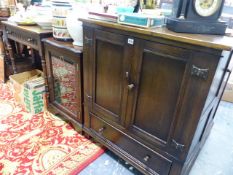 A BESPOKE OAK CABINET, A STEREO CABINET AND AN OAK SIDE TABLE.