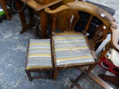 A GEORGIAN FRUITWOOD CORNER CHAIR AND A SMALL OAK STOOL.