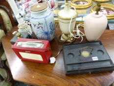 A VICTORIAN DESK STAND, TABLE LAMPS,ETC.