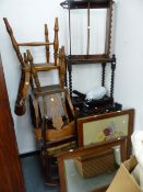 AN ARTS AND CRAFTS OAK MIRROR, A BIJOUTERIE TABLE, STICKSTAND, SHELVES,ETC.