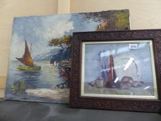 A WATERCOLOUR, AN OIL PAINTING AND A FISH TANK.