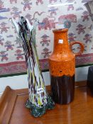 A RETRO GLASS VASE AND A GERMAN POTTERY VASE.