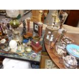 VARIOUS METALWARES, OIL LAMP, CLOCK, A VINTAGE PRINT, ETC.