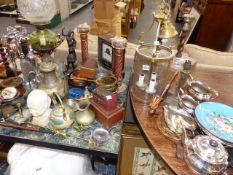 VARIOUS METALWARES, OIL LAMP, CLOCK, A VINTAGE PRINT, ETC.