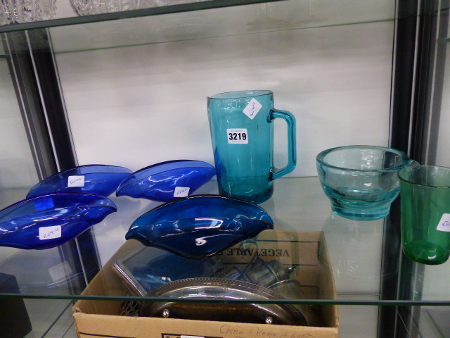 SEVEN BLUE AND GREEN GLASS WARES
