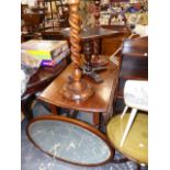 THREE OCCASIONAL TABLES, A GATELEG DINING TABLE AND AN EDWARDIAN INLAID MIRROR.