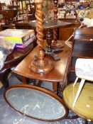 THREE OCCASIONAL TABLES, A GATELEG DINING TABLE AND AN EDWARDIAN INLAID MIRROR.