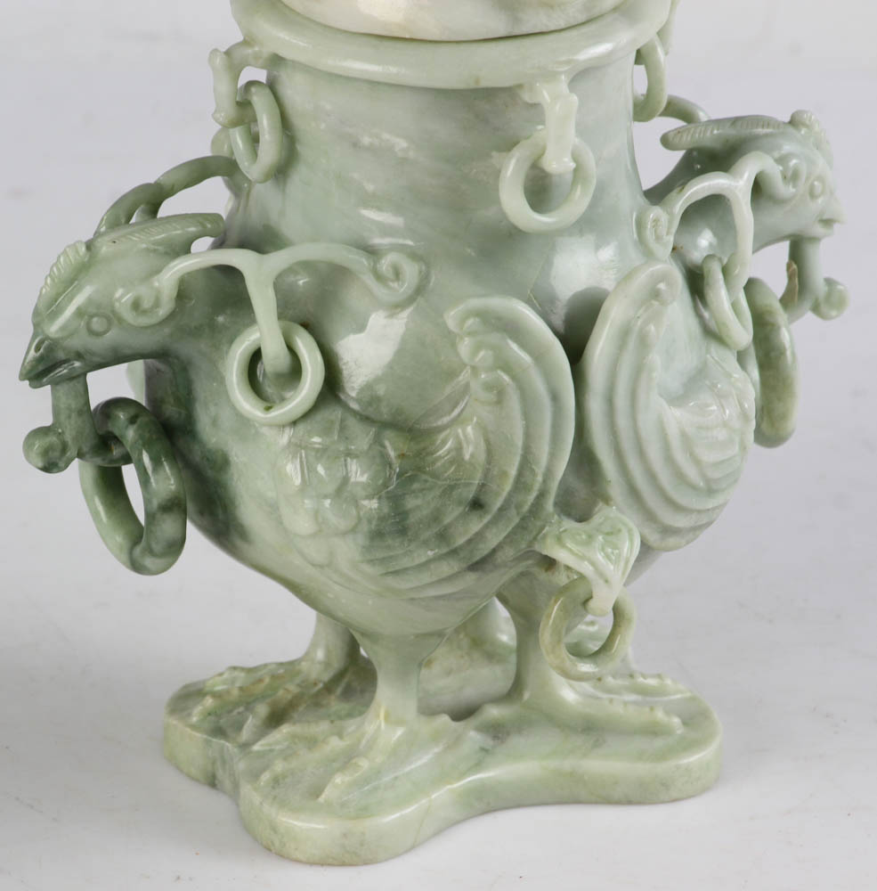 Early 20th century Chinese carved jade covered vessel with rooster motif. 8" H. Provenance: - Image 6 of 8