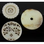 (3) Chinese carved jade pendants, including: carved jade Bi, round shaped, 2 1/2" dia.; carved