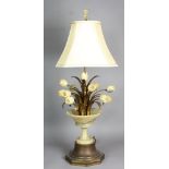 Alabaster and iron floral lamp, 38" x 16".