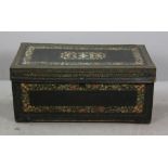 Early 19th century Chinese Export camphorwood trunk, green leather bound handpainted, 17" H x 35"