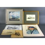 Collection of nautical-related artwork to include: J. Hutchinson, 'Boots in Harbor', watercolor,