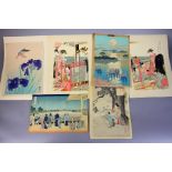 Six Japanese prints, to include four woodblock prints and a pair of offset lithographs, early-to-mid