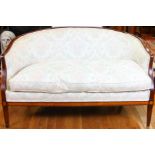 Custom Sheraton-style mahogany upholstered sofa, 31" H x 53" W x 30" D.