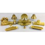 Group of eight brass items, to include: four unmarked Russian inkwells, one with ink bottle, tallest