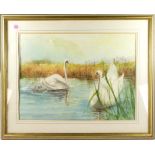 Elsa K. Hall, (Massachusetts artist, b. 1915), "Mute Swans", watercolor, signed L/L, North Shore Art