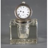 English cut crystal inkwell with sterling desk clock attachment, hallmarked, registered mark 478870,
