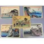 Five Japanese woodblock prints, signed Ultagawa Hiroshige, early 20th century, views of Fuji, 9 1/2"