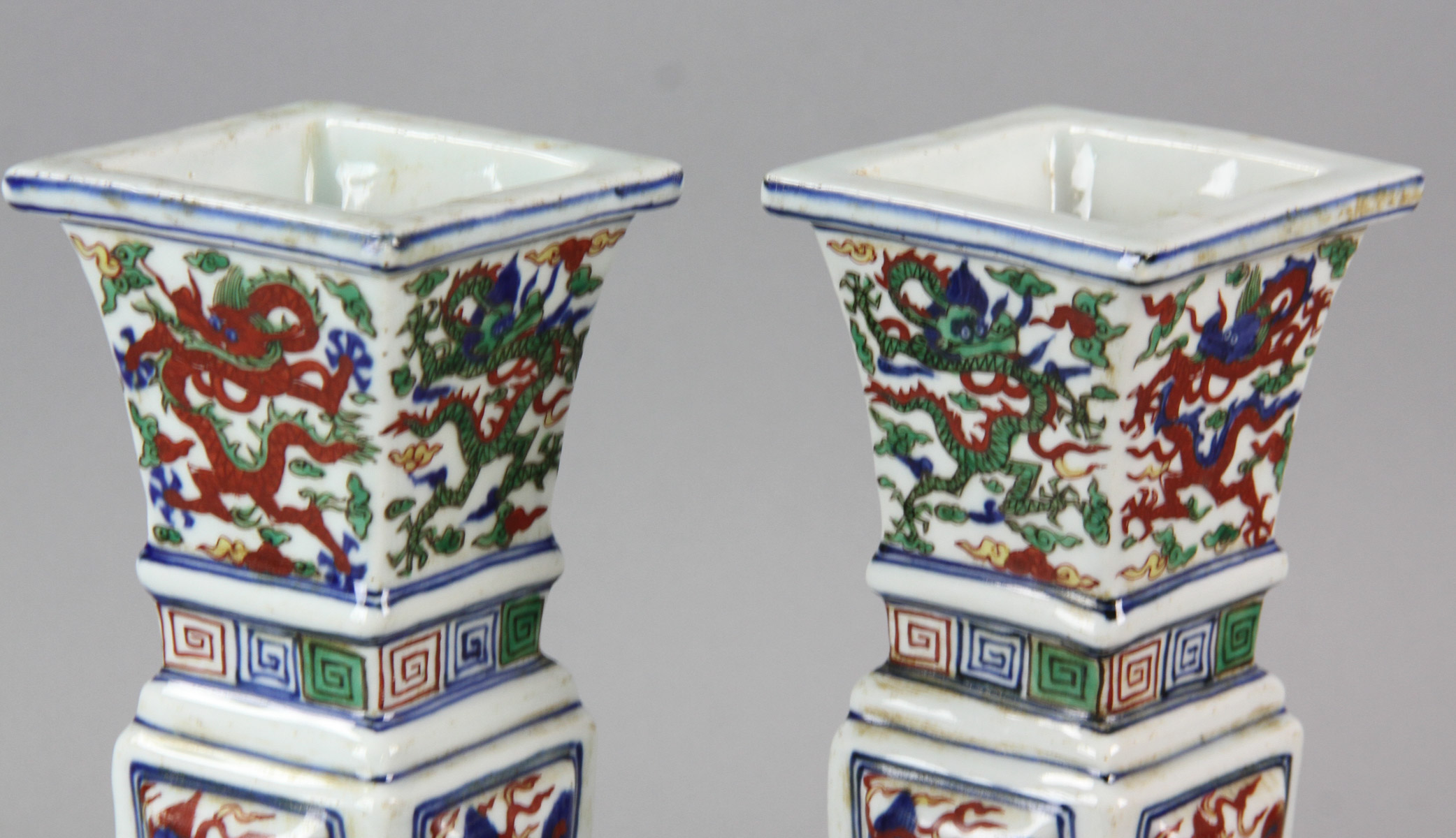 Pair of Chinese Famille Verte square-shaped porcelain vases with marks, 10" H. - Image 7 of 12