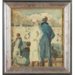 Edward Vance Warren (American, b.1881), ice skaters, watercolor, 10 1/2" x 9 1/2", framed 13" x 12".