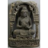 Important Gandhara Buddha, 3rd or 4th century, 25" H x 17" W x 6" D. Provenance: Fort Lauderdale,