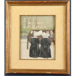 Dusty, 'Nuns in front of Notre Dame Cathedral', oil on board, signed L/R, 10" x 9", frame 17" x 15".