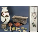 Group of Asian items, including: two Yingxing teapots, pewter bowl, porcelain vase 13" H, scroll