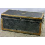 Early 19th century Chinese camphor wood chest, brass-bound with black leather, brass plaque