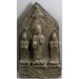 Wei Dynasty carved stone altar piece with three (3) standing Buddhas, 28" H x 15 1/2" W. Provenance: