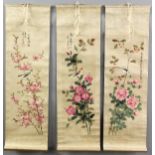 Three Chinese scroll watercolors 20th century, signed Zhou Qun, 8" H x 13" W.