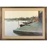 Signed F. Schiller, 20th century oil on canvas, harbor scene, 23" x 35" (view), in frame 31" x