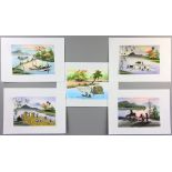 Six Vietnam watercolor paintings on paper, 9" H x 12" W.