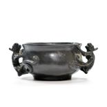 The bronze burner has a pair of well cast chi-dragon handles and reign mark of Xuande on base. Early