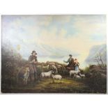 Late 19th C. Boston School European-style oil on canvas, sheep herder family, unsigned, 36" x 48",