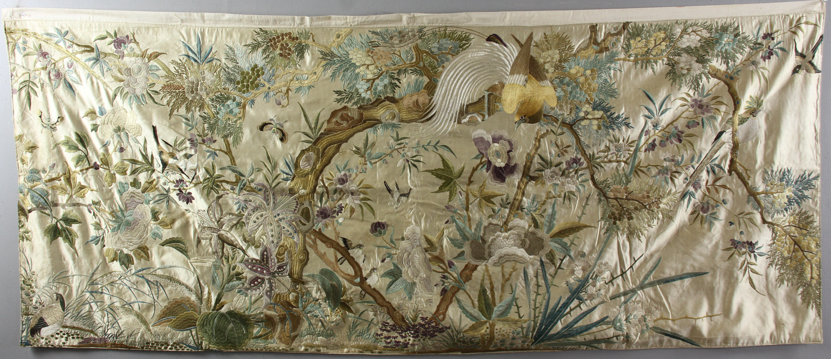 Chinese antique embroidery panel, decorated with sash birds and peonies pattern, early 20th century,