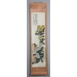 Chinese scroll of watercolor painting, signed Chen Banding, 47" x 13".