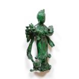 The carved figure depicting a Chinese immortal lady holding a tea set. Broken ribbon. 19th