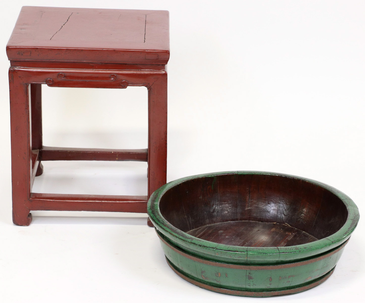 Chinese green-painted bowl, 5 1/4" H x 20 1/4" diameter (overall) together with a red-painted low