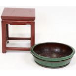 Chinese green-painted bowl, 5 1/4" H x 20 1/4" diameter (overall) together with a red-painted low