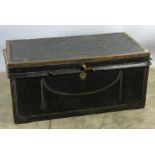 Early 19th century Chinese camphor wood chest brass-bound and black leather, missing handles, 20"