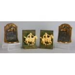 Two pairs of equestrian bookends, one set brass with polo players, the other set marked "Graham
