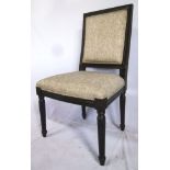 Set of four contemporary Horchow dining chairs, black rub finish with black and white upholstery,