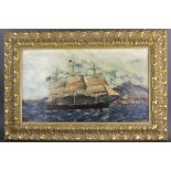 Signed D. Appleton, U.S. ship at sea, oil on board, signed L/L, 14" x 24 1/2" (view), frame 21 1/