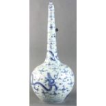 Chinese large blue and white porcelain long-neck vase with dragon design, 20" H.