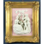 Framed bisque plaque depicting a Sansscouci courting scene, identified on label verso as Dresden,