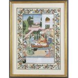 Indian watercolor on silk, palace scene, 20" x 14", 25" x 19" framed. Provenance: Newton,
