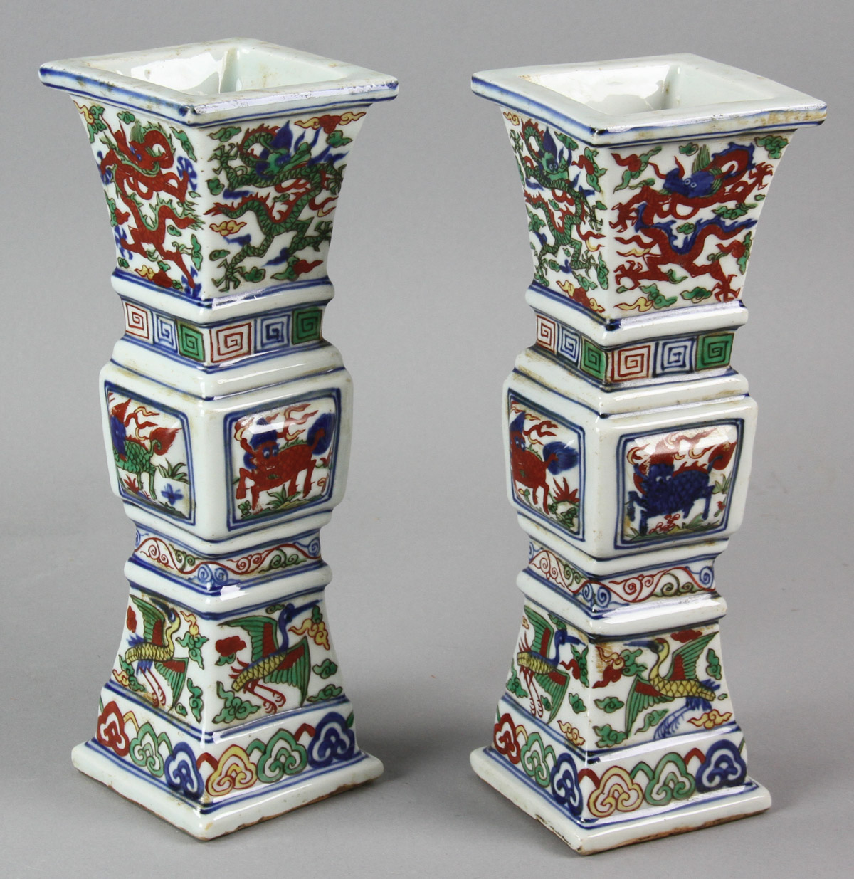 Pair of Chinese Famille Verte square-shaped porcelain vases with marks, 10" H.